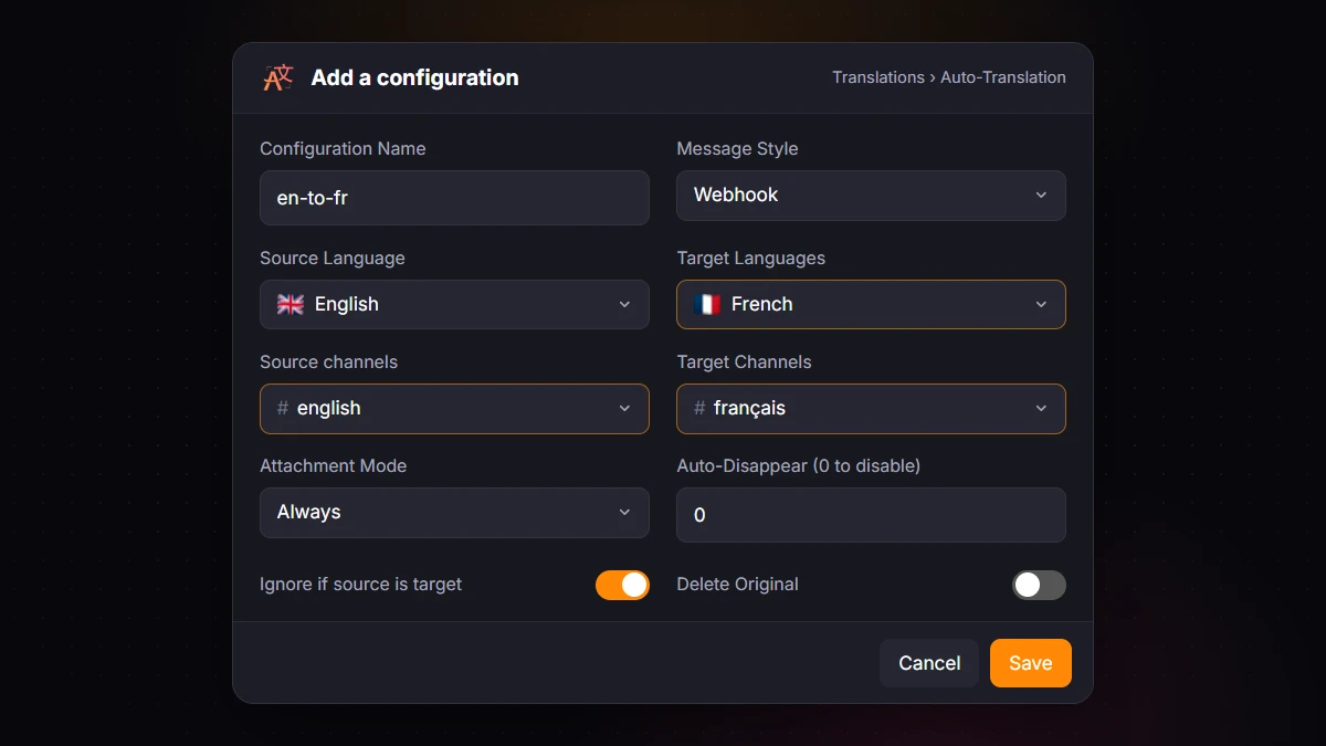 The Add a configuration form of the iTranslator dashboard, translating #english into French in #français