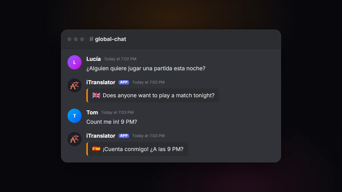 A Spanish and an English message in #global-chat, each followed by iTranslator's translation in the same channel
