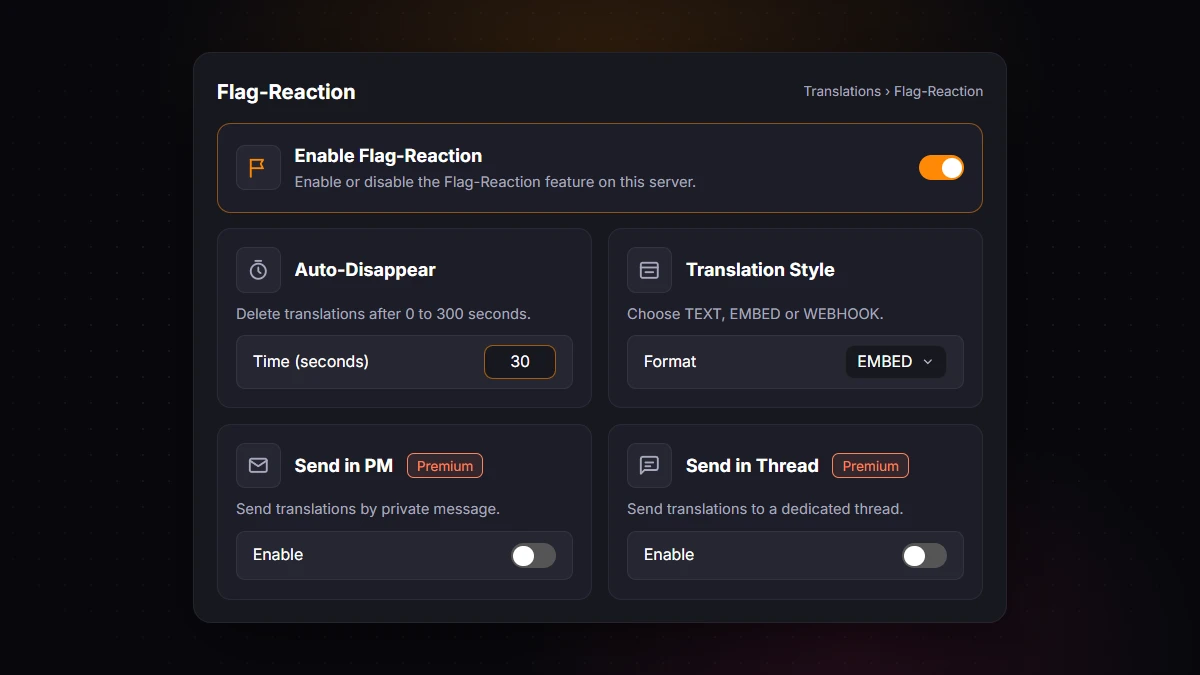 The Flag-Reaction page of the iTranslator dashboard, with the feature enabled and translations set to disappear after 30 seconds