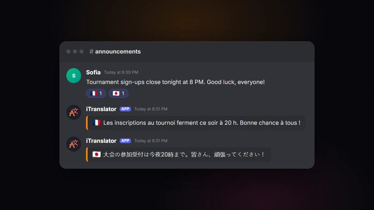A Discord announcement with France and Japan flag reactions, and iTranslator replying with the French and Japanese translations