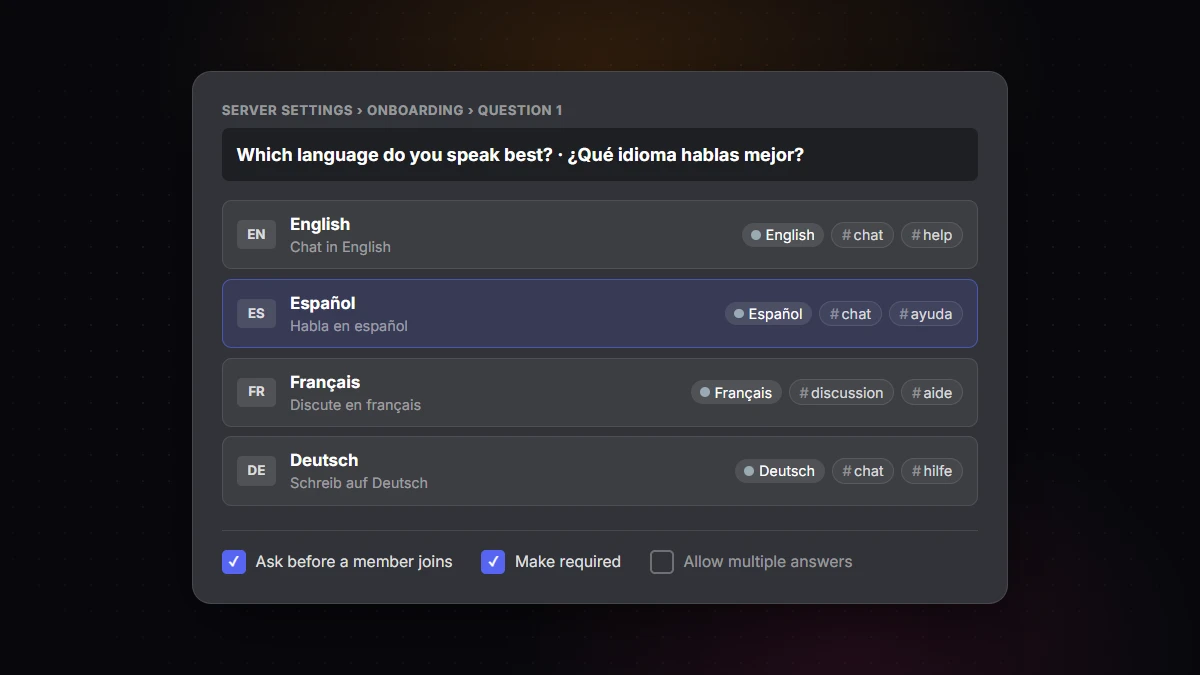 Discord Onboarding question "Which language do you speak best?" with each answer assigning a language role and that language's channels