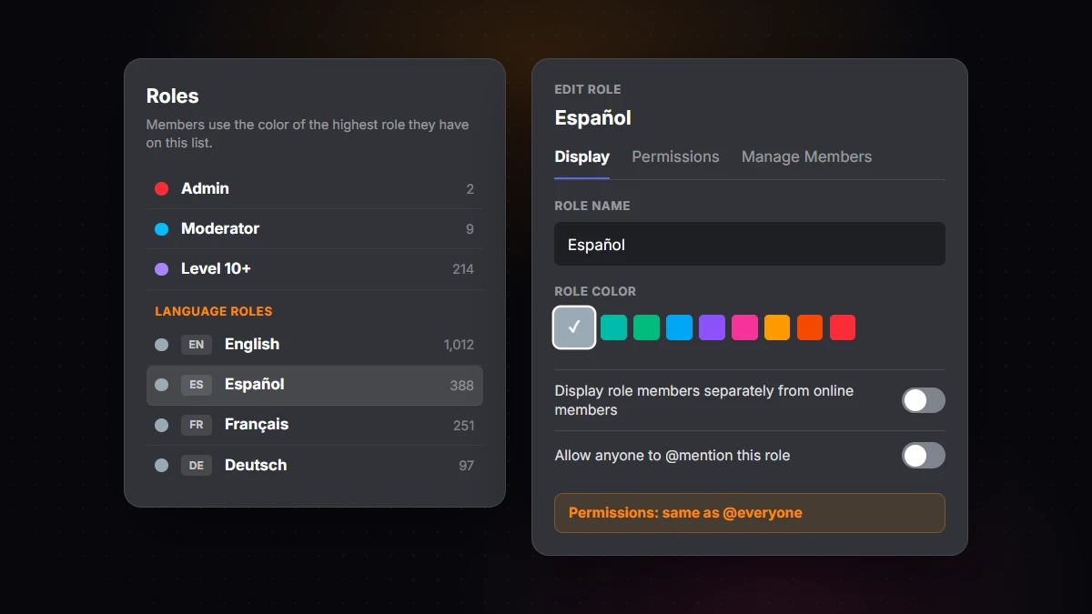 Discord Server Settings, Roles page: language roles named English, Español, Français and Deutsch below the staff roles, with no permissions