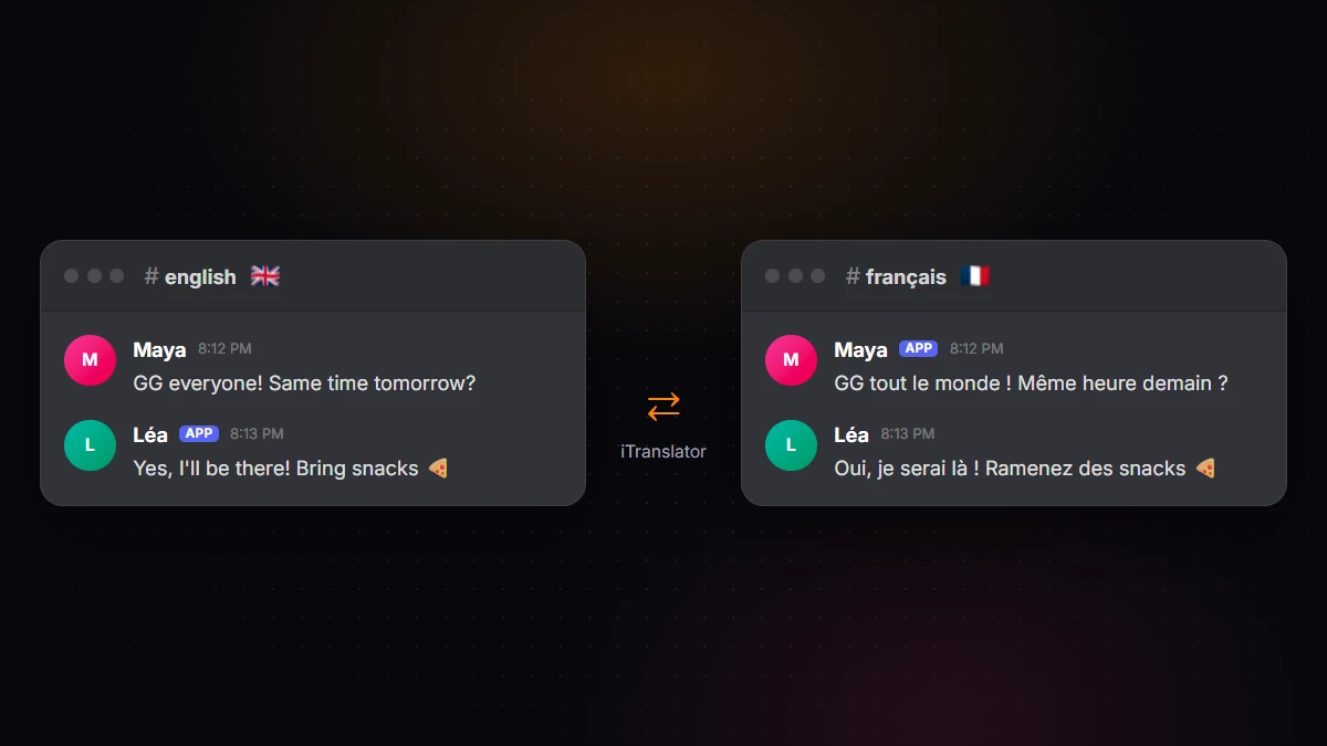 Two Discord channels, #english and #français, kept in sync by automatic translation