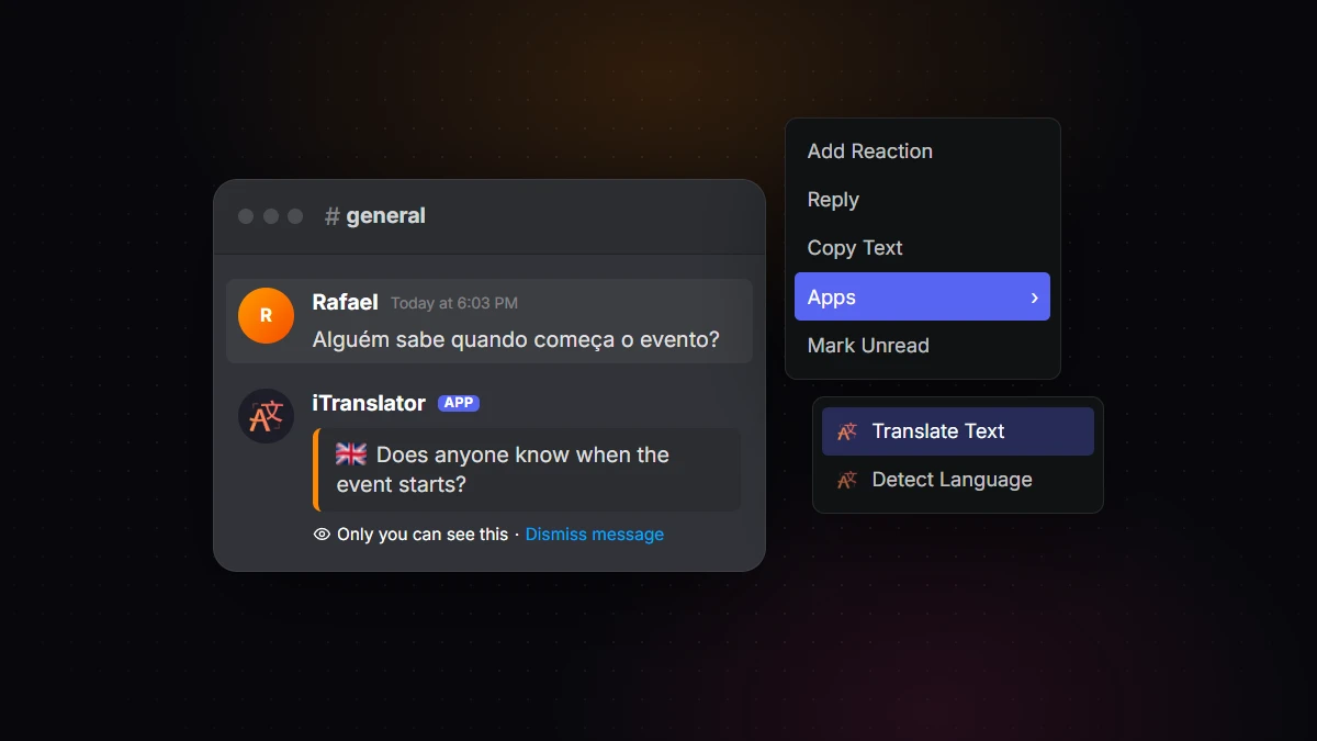 Right-clicking a Discord message and choosing Apps, then Translate Text