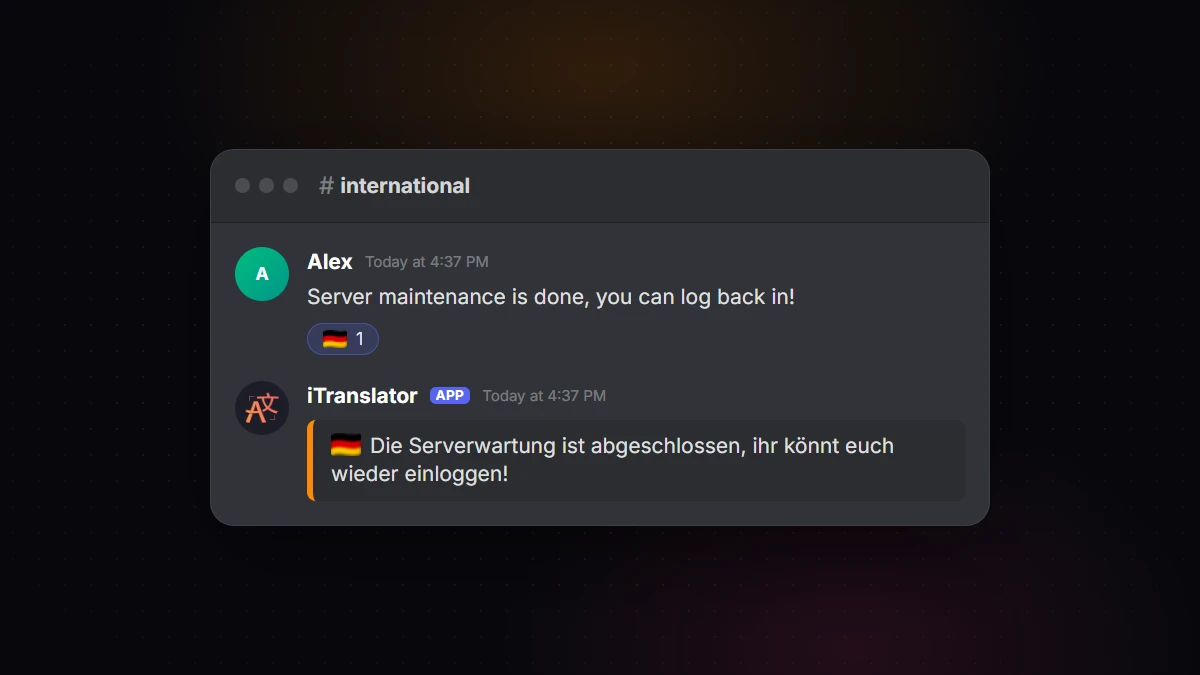 A German flag reaction on a Discord message, and iTranslator replying with the German translation