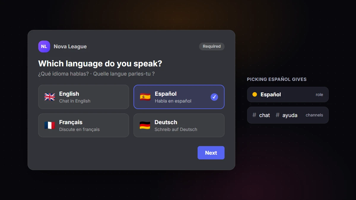 A Discord Onboarding question asking which language the member speaks, with English, Español, Français and Deutsch answers