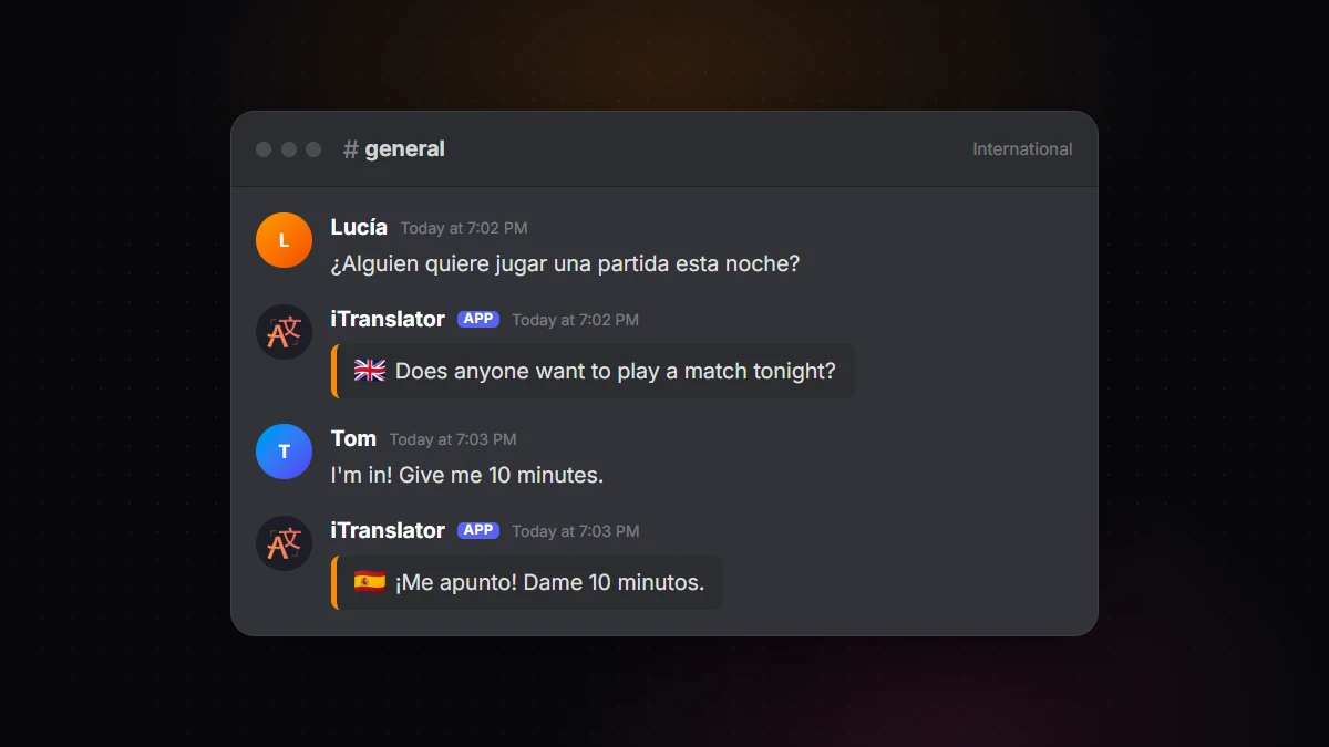 A shared #general channel where iTranslator posts an English translation under a Spanish message